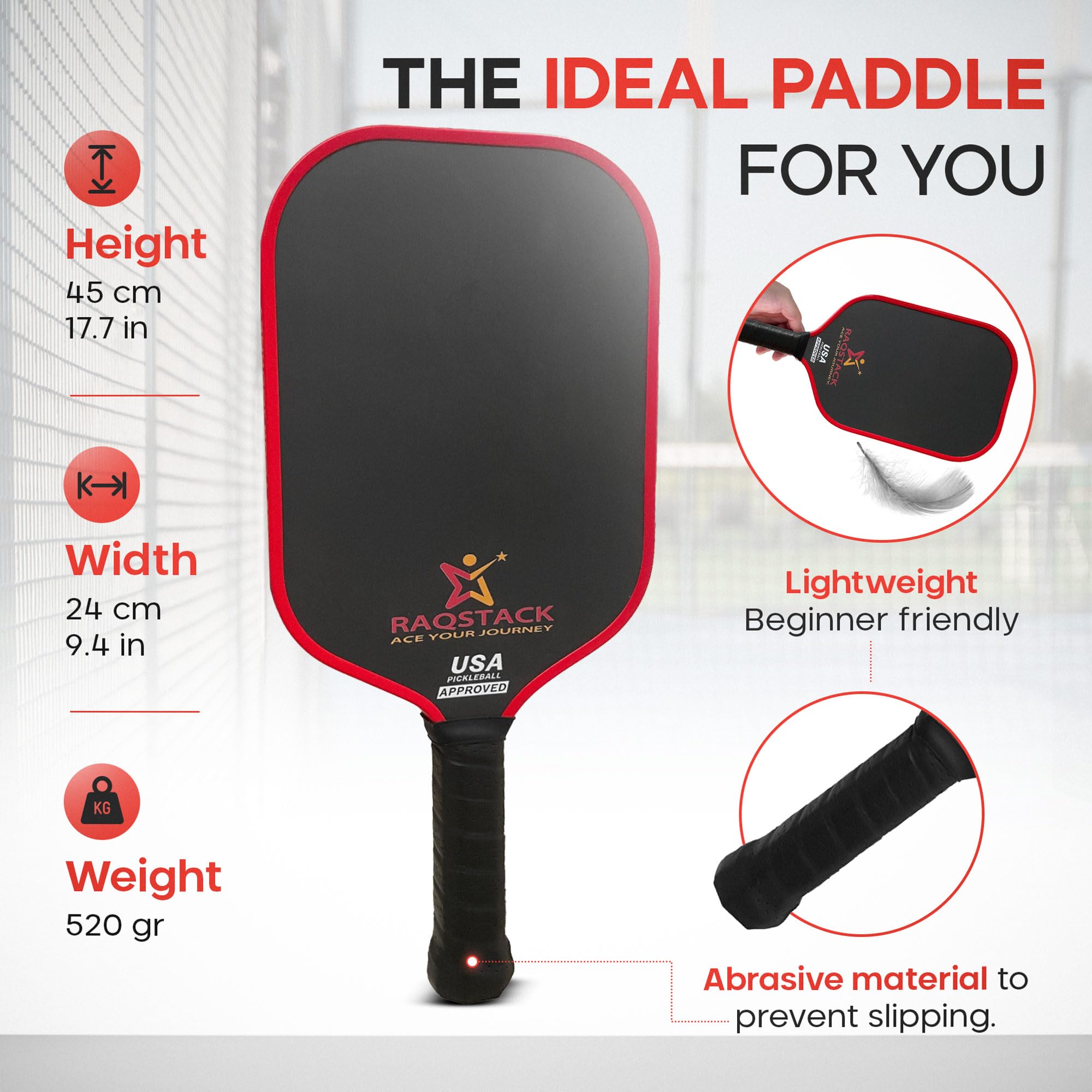 RAQSTACK - Carbon Fiber Pickleball Paddles with 4 Indoor Pickleball Balls - Top Performing T700 Pickleball Paddle USA Approved - Ace Your Journey with Our Pickle Ball Paddle