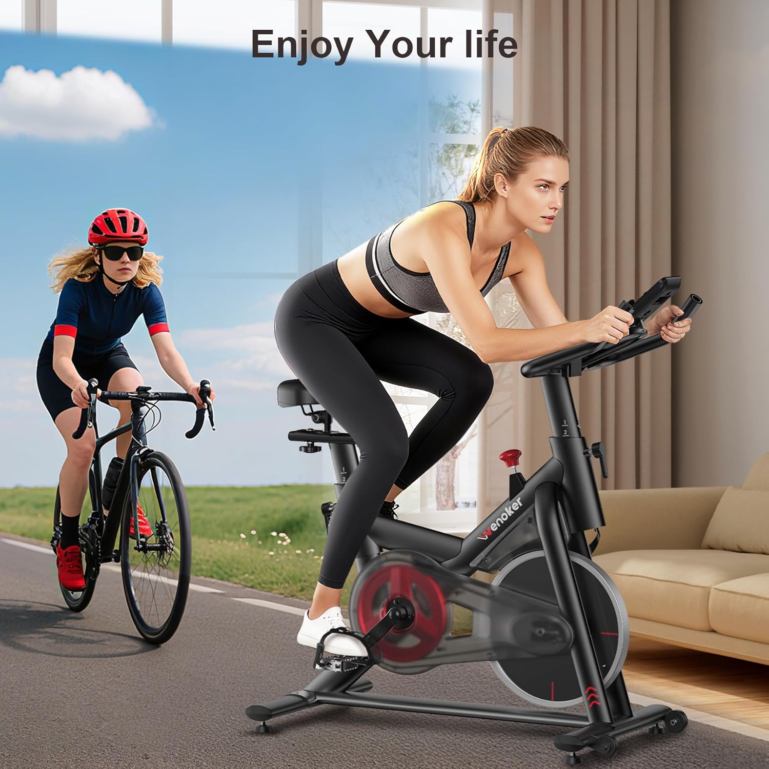 Wenoker Exercise Bike for Home – 350LB Indoor Cycling Bike, Silent Stationary Spin Bike with App Sync, Adjustable Seat, LCD Monitor, Smooth & Quiet for Cardio Workout