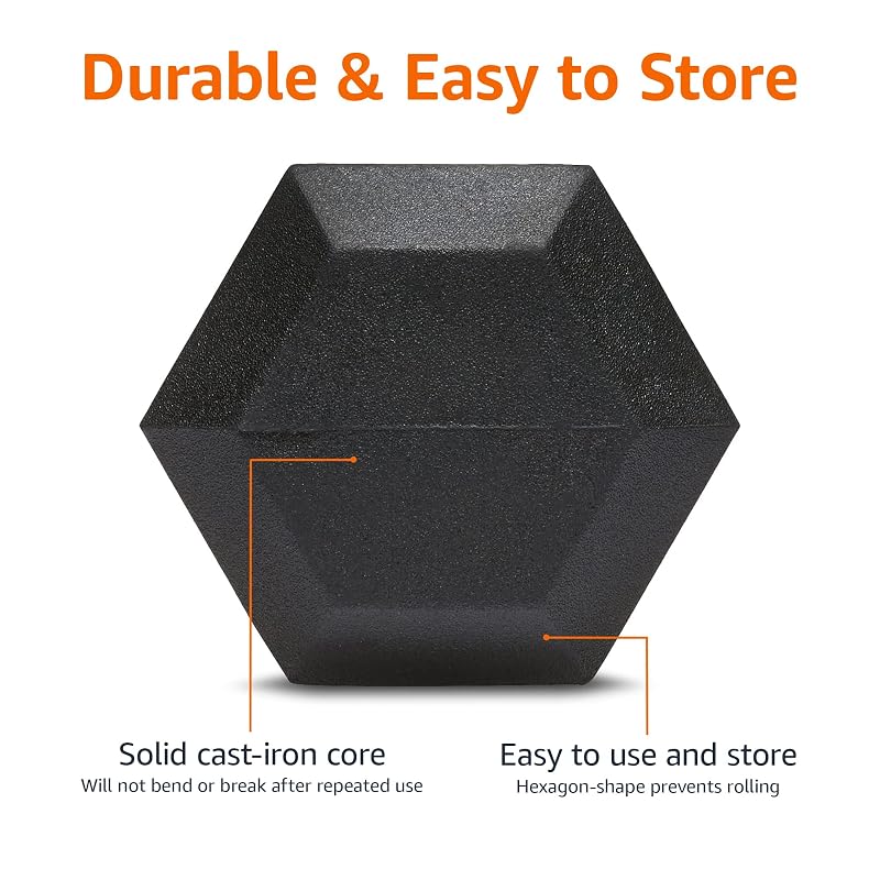 Amazon Basics 25 lb Rubber Hex Dumbbell — Hexagon, Textured Grip (Pair 25+25 lbs) - Home Gym