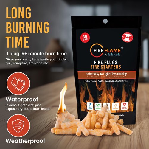 Fireflame Fire Plugs Fire Starter - Quick Instant 100% Waterproof Firestarter for Emergencies, Survival, Campfires, Fire Pits, Charcoal Grill - All Natural, Odorless & Non-Toxic - 50 Plugs in Bag