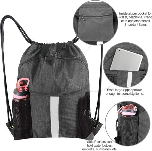 BeeGreen Drawstring Backpack - X-Large Black Gym Bag with Shoe Compartment for Sports
