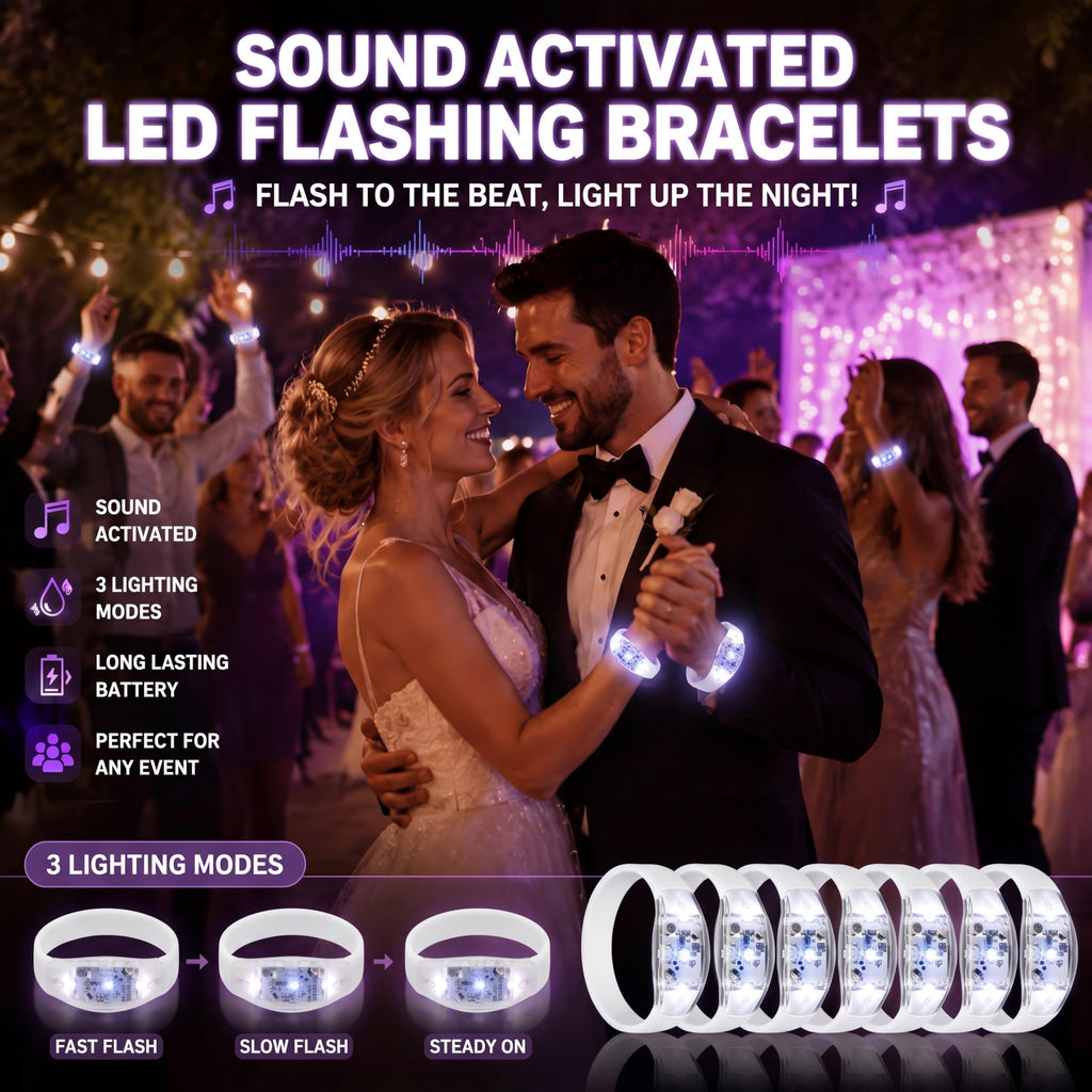 JellyArch 40 Pcs White LED Glow Bracelets, Sound Activated LED Bracelets for Wedding Reception Party Favors, Bridal Shower, Bachelorette Party, Rave, Concert, Birthday and Night Events