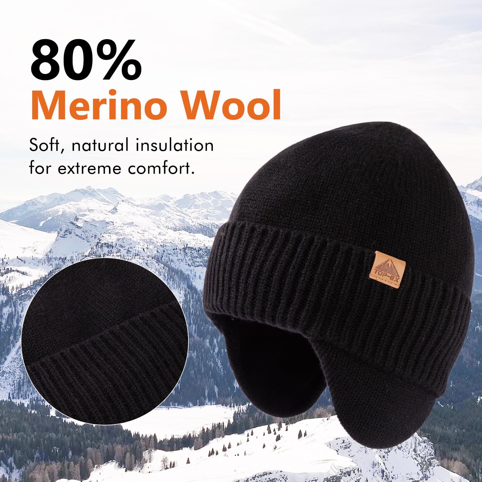 TOP-EX XL/XXL Merino Wool Waterproof Beanie for Men Women with Ear Flap Winter Fleece Lined Beanie Outdoor Skiing Hat Black M/L