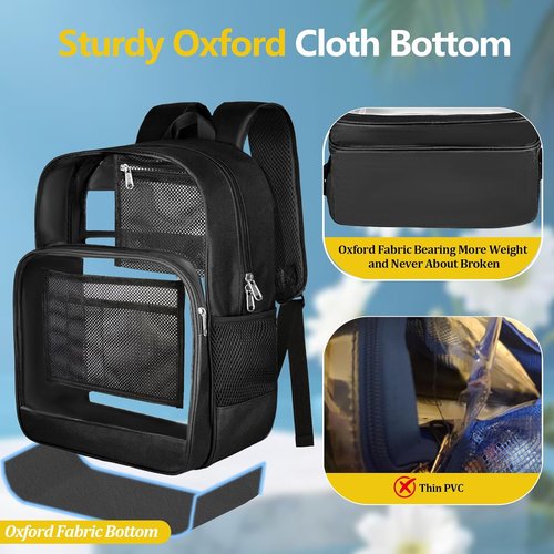 BrillaraSymn Heavy Duty Clear Backpack - Sturdy Transparent PVC & Oxford Bookbag for School | Black