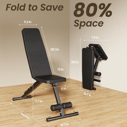 Adjustable Weight Bench for Home Gym, 7 Backrests Foldable Workout Bench for Dumbbell Exercise Full Body Exercise, Compact for Small Spaces, Incline Decline Flat Bench with 2-Second Quick Folding
