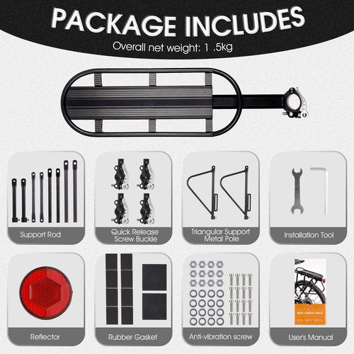 HONGYEA Bike Cargo Rack 220 Lbs Load Bike Rack Full Quick Release Universal Adjustable, Aluminum Alloy Waterproof Bike Luggage Rear Rack, Bicycle Rear Rack for MTB, Ebikes, Road Bike