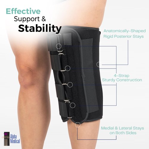 Alpha Medical 12” Long Adjustable Three Panel Orthopedic Knee Immobilizer – Supportive & Adjustable Side Panels – Knee Brace Stabilizer – Knee Immobilization L1830
