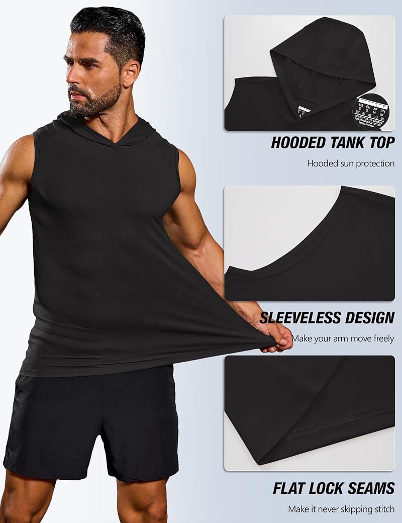 Cotrasen Black Medium Sleeveless Hoodies for Men – Light Weight UPF 50+ Sun Protection Tank Top