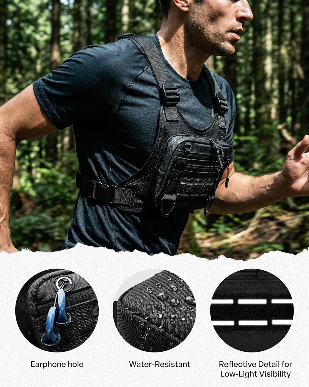 Sports Chest Bag for Men, Lightweight Water-Resistant Running Chest Pack for Workouts, Cycling, Phone Holder & Extra Storage (Black – Breathable Design)