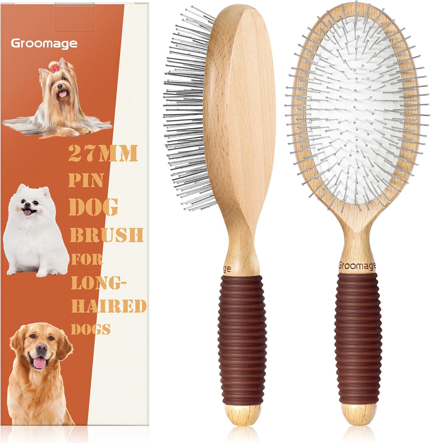 Skiennix Dog Brush - Extra Long Pin Grooming Brush for Long Haired Dogs | Beech Wood, Non-Slip Handle