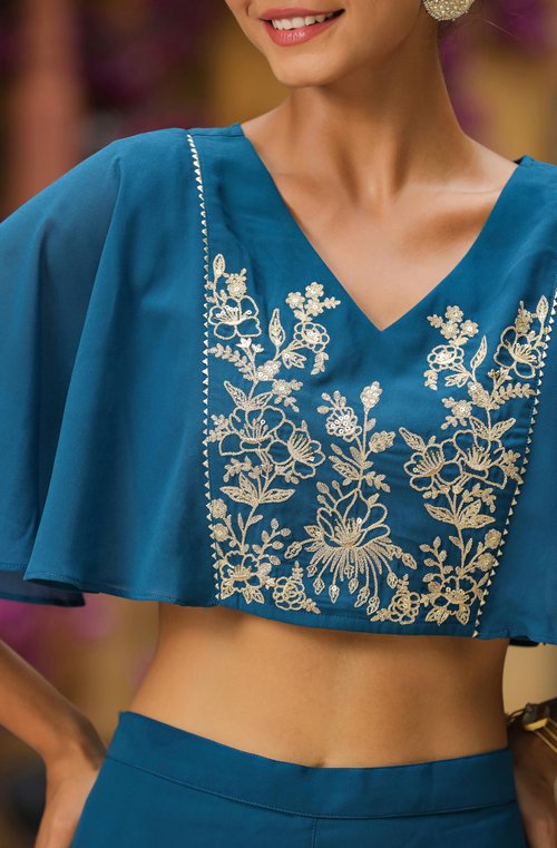 Janasya Indian Women's Teal Blue Georgette Yoke Embroidered Co-Ord Set