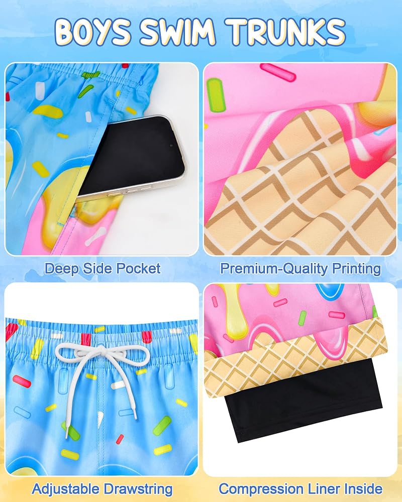Summer Ice Cream 10-12 Years Boys Swim Trunks with Compression Liner, Quick-Dry Beach Shorts