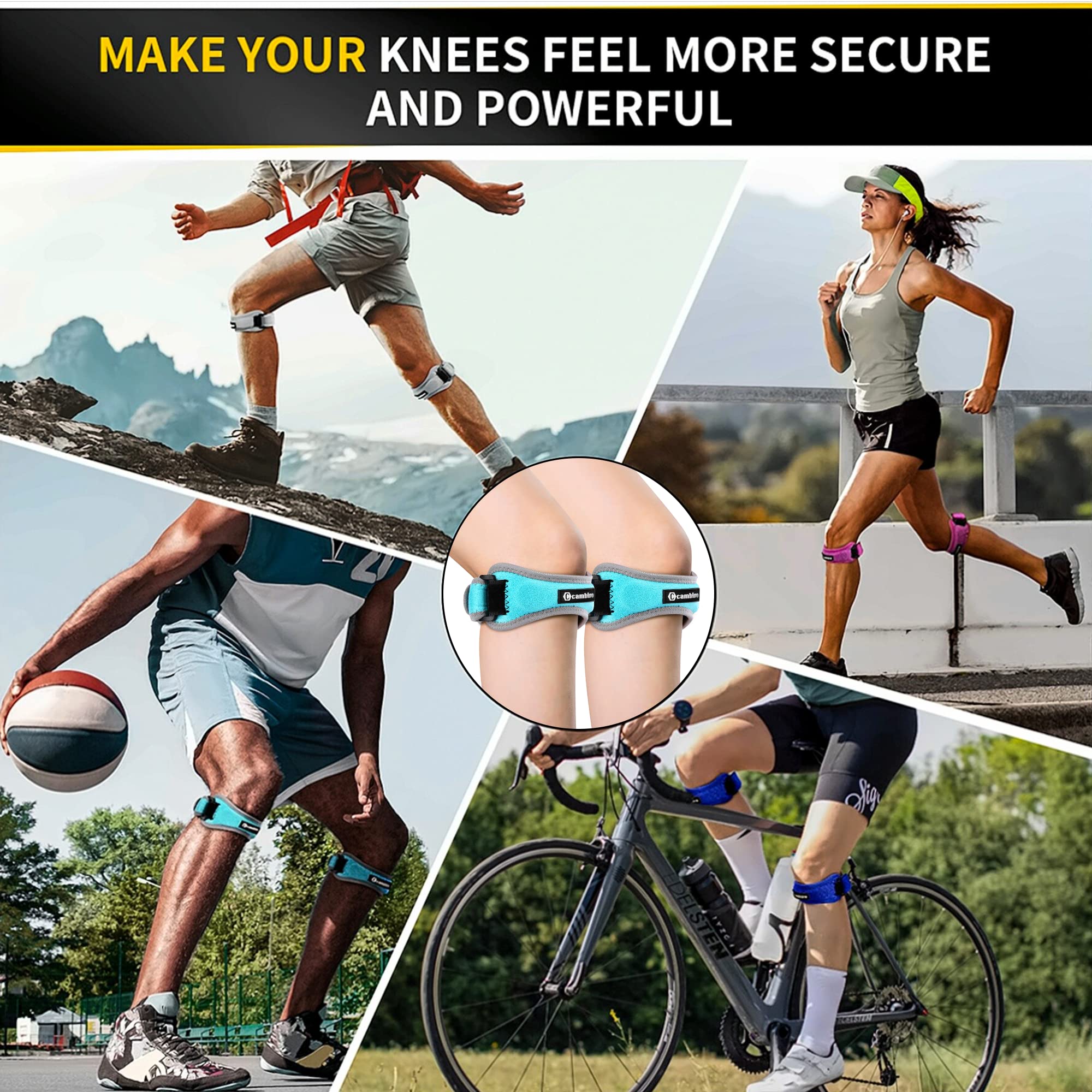 CAMBIVO Patella Tendon Knee Strap 2 Pack, Adjustable Knee Braces for Knee Pain, Knee Support Band for Running, Hiking, Volleyball, Jumpers Knee, Tennis, Tendonitis (Light Blue）