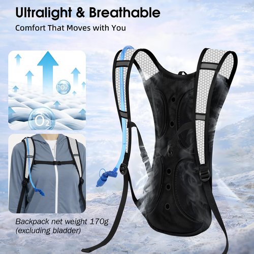 2 Pack Hydration Backpack Pack with 2L Hydration Bladder, TNYSPORT Lightweight Breathable Water Backpack with 3 Layer Pockets, Reinforced Shoulder Straps (Blue & Light Gray)