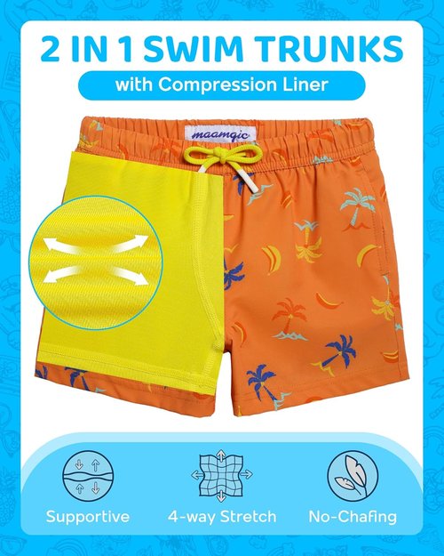 Maamgic Boys Swim Trunks - Quick Dry Bathing Suit with Compression Liner | 4-Way Stretch Toddler Beach Shorts