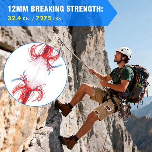 Hopeseily Static Climbing Rope, 1/2 Inch x 100ft Outdoor 48 Strands Polyester Rope for Rappelling Arborist Swing Rescue Safety Escape Hiking Camping Mountaineering Caving Emergency, Red