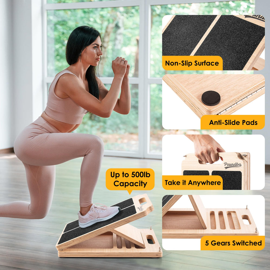 Wooden Slant Board for Calf Stretching, Adjustable Portable Incline Board with 10 - pound Pull Rope, Comes with Training Poster, 300 Lbs Weight Capacity for Leg, Knees and Ankle Stretching