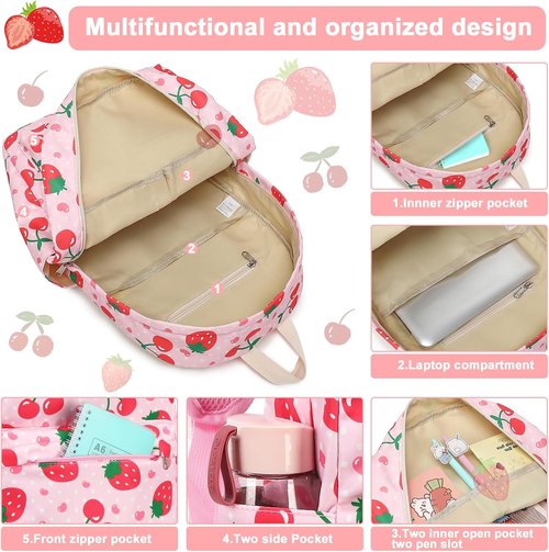 BTOOP Kids Backpack - Strawberry Cherry Design for Preschool Girls | 15-Inch Toddler School Bag (Ages 3-8)