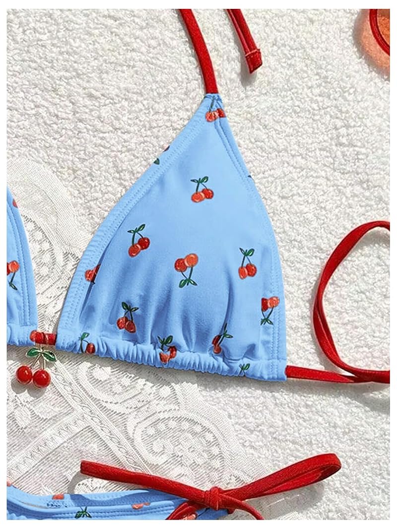 WDIRARA Cherry Print 2 Piece Swimsuit Set - Blue, Medium Variation