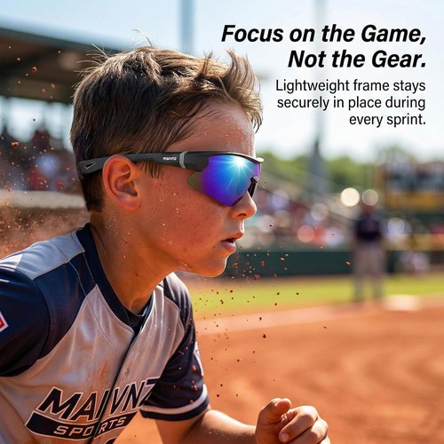 Maivnz Youth Baseball Sunglasses - Kids Sports Glasses for Ages 6-12 | Helmet Compatible for Softball & Cycling