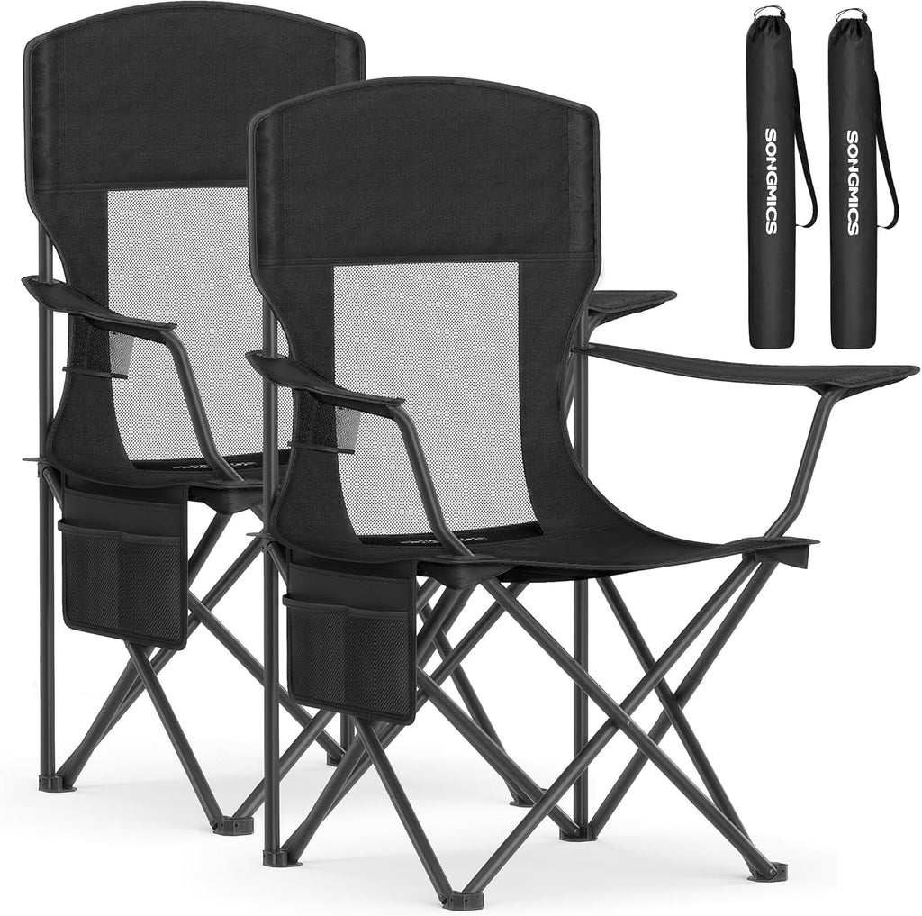 SONGMICS Foldable Camping Chairs - Breathable High Back Design with Adjustable Armrests & Drink Holder | Set of 2, Ink Black, 330 lb Capacity