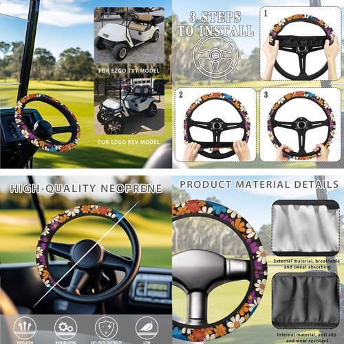 FUIBENG Golf Cart Seat Covers and 13-16 Inch Steering Wheel Covers, Golf Cart Seat Towel Blanket, Hippie Boho Floral