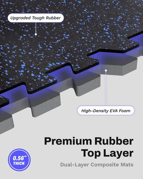 AIRHOP Exercise Mats - 0.56in Thick Interlocking Puzzle Tiles | 48 Sq Ft Heavy-Duty Gym Flooring in Black & Blue