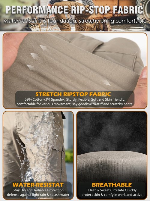 CARWORNIC Men's Stretch Work Pants Water-Resistant Flex Ripstop Tactical Cargo Pants Lightweight Cotton Carpenter Construction Utility Pants Regular Fit Outdoor Hiking Trousers with Tool Pockets