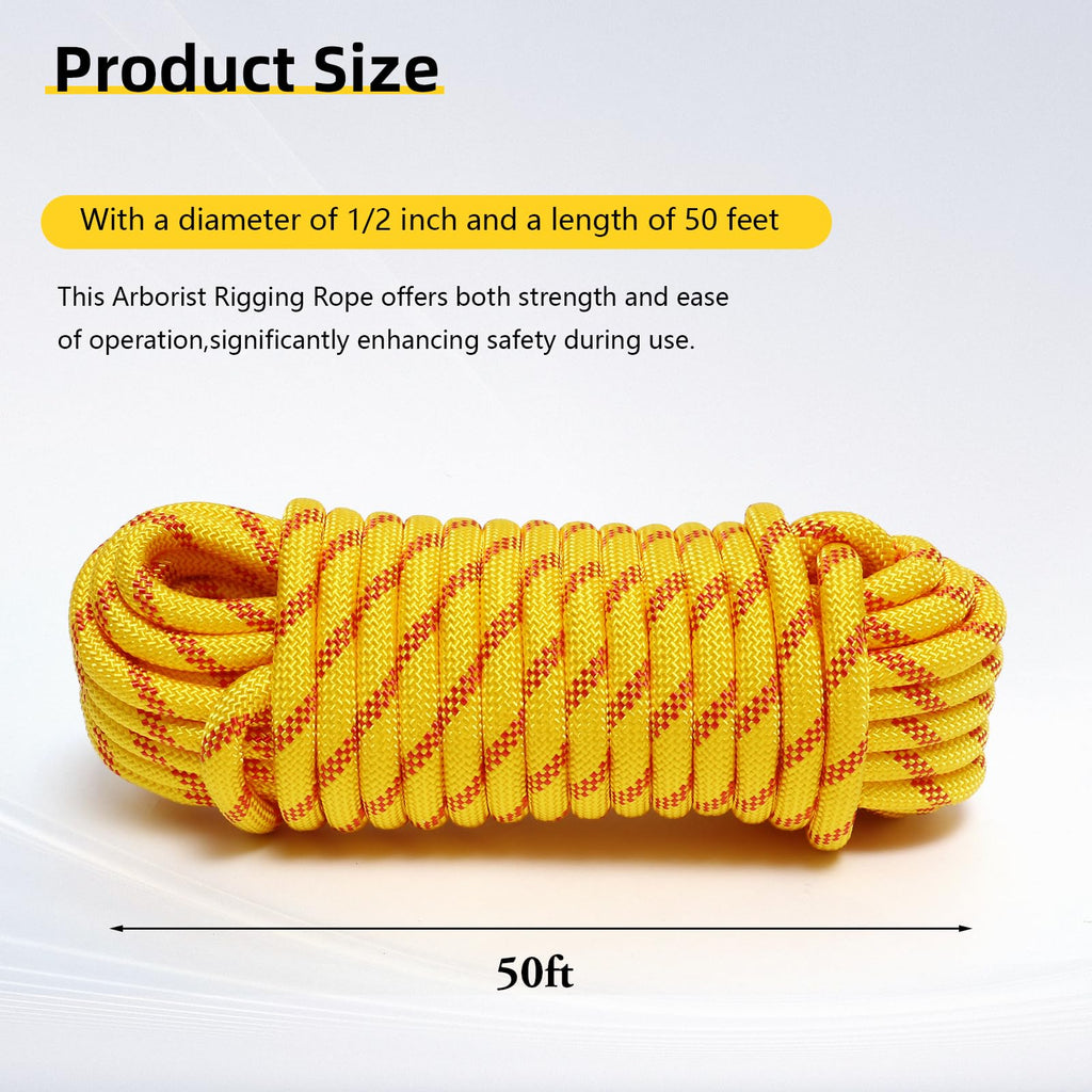 XINSHUNCAN Arborist Rope, 1/2 Inch x 50 Feet Double Braided Climbing Rope Polyester for Outdoor, Climbing, Hiking, Swing, Tree Work, Halyard, Sailing（Yellow）
