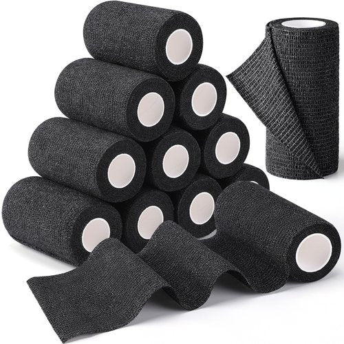 TOBWOLF 12PCS Self Adherent Bandage, 4" x5yd / 10cmx4.5m Cohesive Elastic Bandage Wrap, Breathable Sports Tape for Wrist Ankle Knee Leg Sprains Swelling - Black