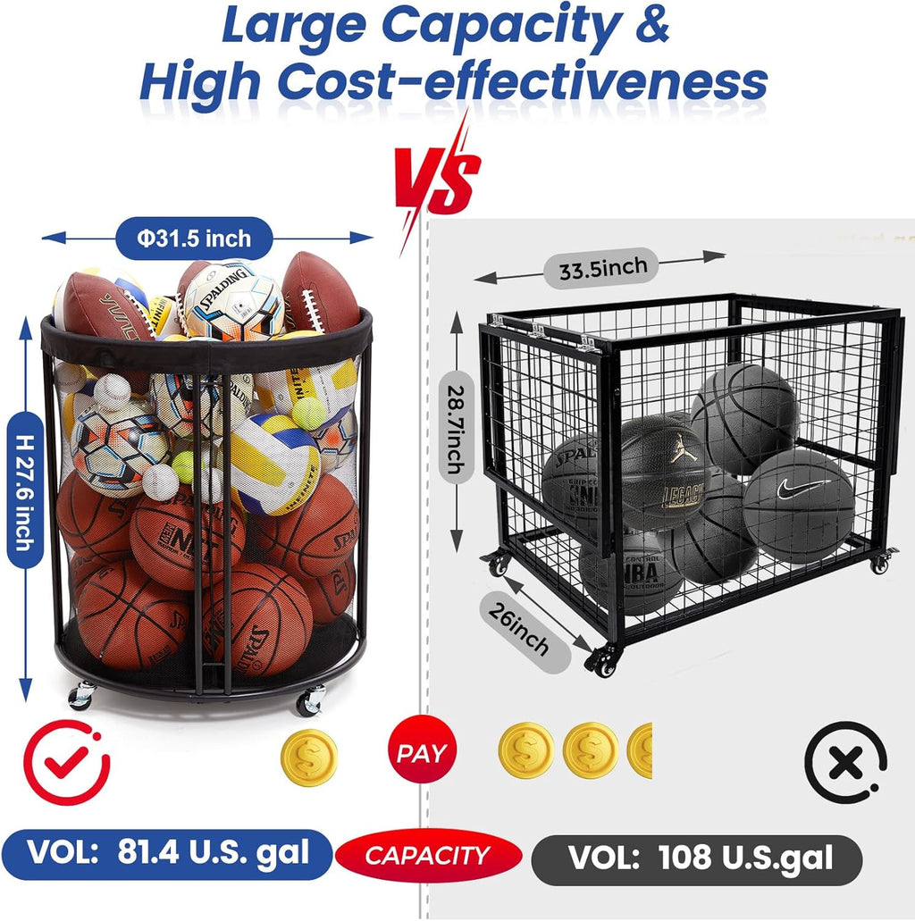 Skiennix Ball Storage Cart - Mobile Sports Ball Holder with Wheels for Basketball, Soccer, Garage & School