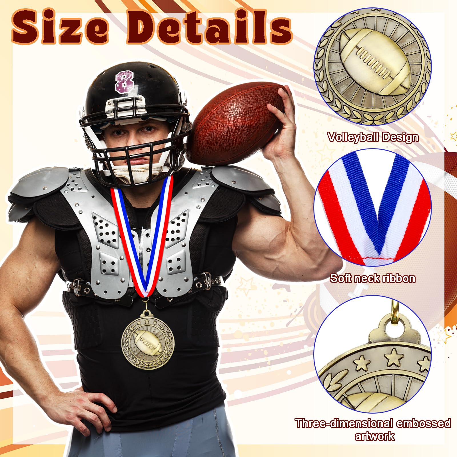Remuuly 60 Pcs Gold Award Medals 2 Inch Soccer Baseball Volleyball Football Cheer Trophy Medals Metal Awards Bulk with Neck Ribbons Trophy Prize Gifts for Sports Competitions(Football)