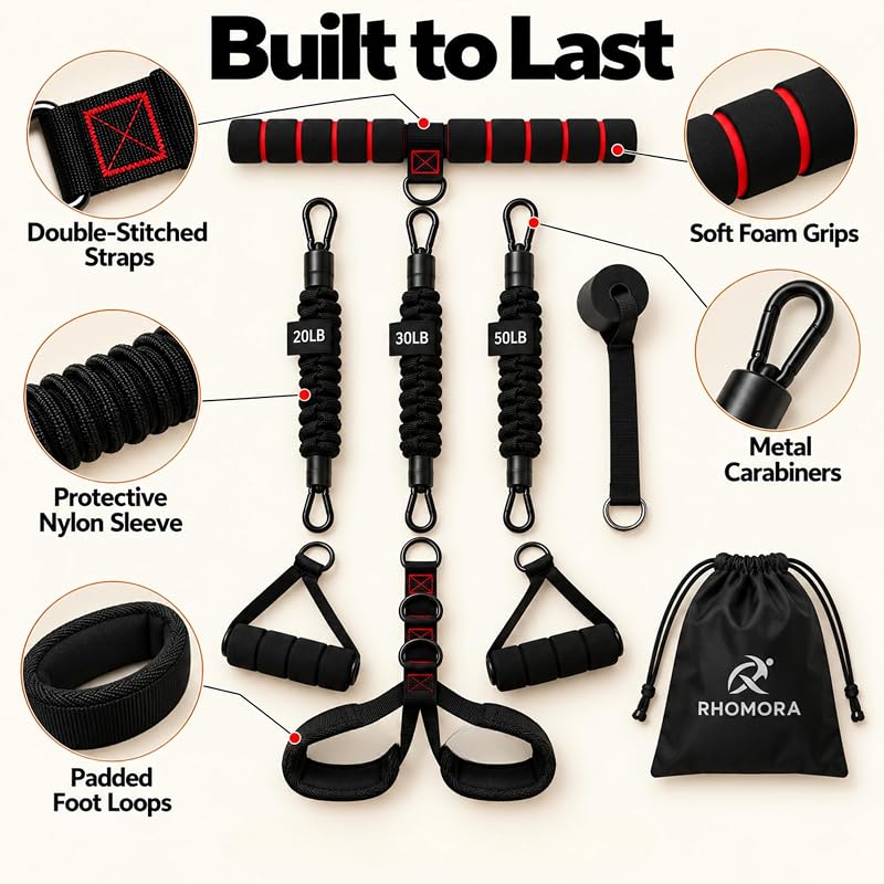 Resistance Bands with Handles for Abs, Sit-Ups & Full-Body Workouts (3 Tubes, 20/30/50 lb) Home Set