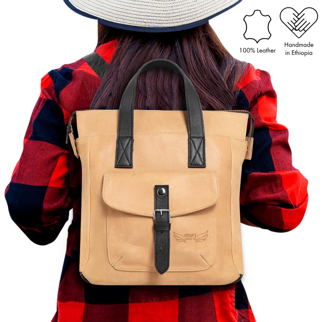 ORNA'S LEATHER ART | Mini SWAN Everyday leather backpack for Women. Practical, Stylish and Spacious Women’s Bag. Real Leather in A Chic Backpack And Contemporary Design (Sand)