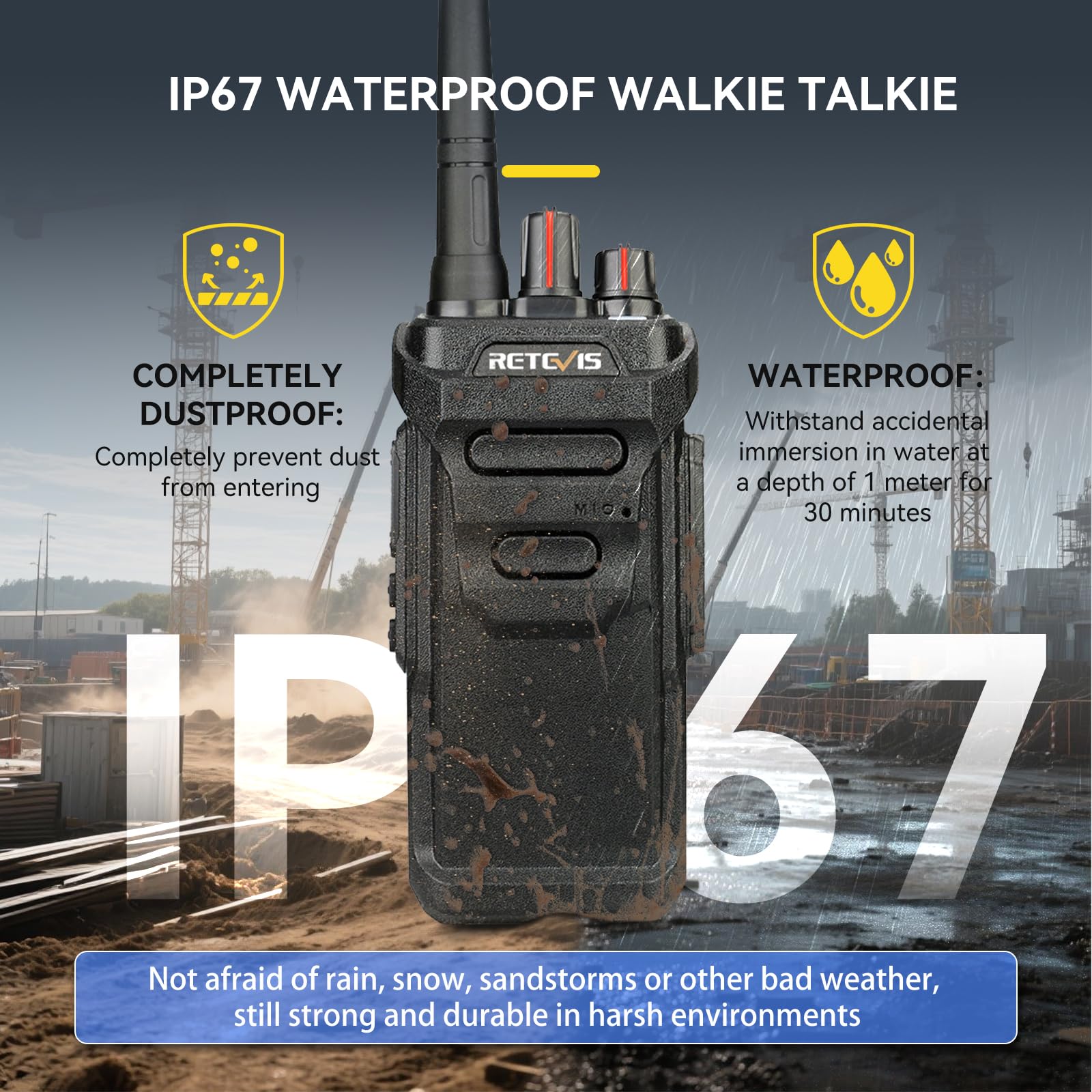 Retevis RT48 IP67 Waterproof Walkie Talkies,Heavy Duty 2 Way Radio,Rechargeable Professional/Business Two Way Radio,1200mAh Battery,VOX,SOS Alarm,for Hiking School Emergency Outdoor Logistics(1 Pack)
