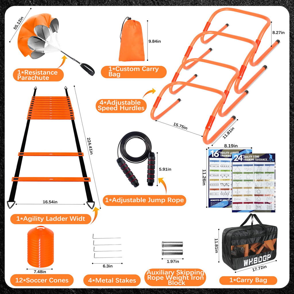 WHBDGP Agility Ladder,Speed Training Equipment Set-20ft Agility Ladder,12 Soccer Cones,4 Hurdles,Jump Rope,Running Resistance,Soccer Football Training Equipment with Carrying Bag for Kids Youth Adults