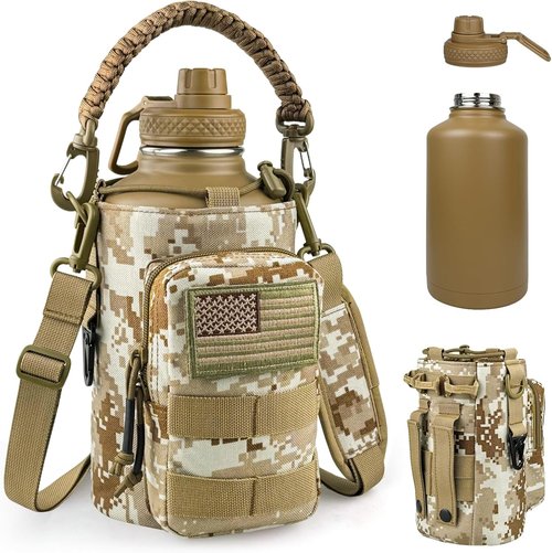 DEFUNX Insulated Half Gallon Water Bottle - 64 oz Tactical Stainless Steel Jug with MOLLE Pouch | Desert Digital Camo