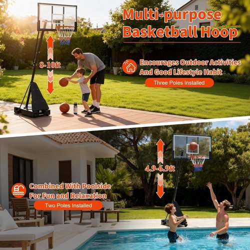 **Skiennix Portable Basketball Hoop - 48 Inch Shatterproof Backboard - Height Adjustable 4.9-10FT with Wheels**