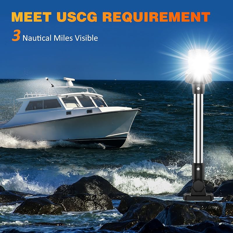 18 Inches LED Boat Anchor Light – 3NM 360° White Navigation Light, IP67 Waterproof, Fold-Down Rear Stern Light for Pontoon Boats (12-24V) - Variation: 18 Inches