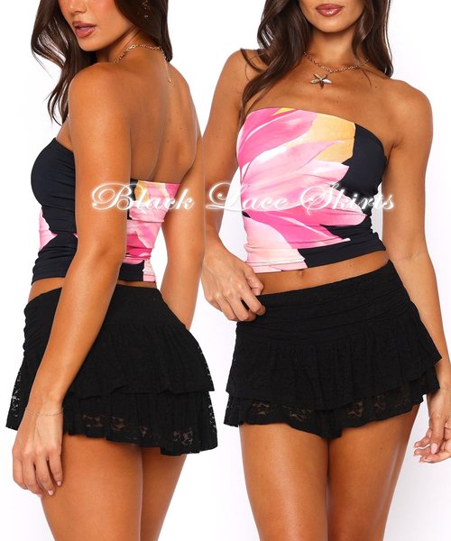 OZICERD Lace Ruffle Mini Skirts for Women High Waisted See Through Pleated Skort Micro Skirt Y2k Cute Short Skirt with Shorts Black M
