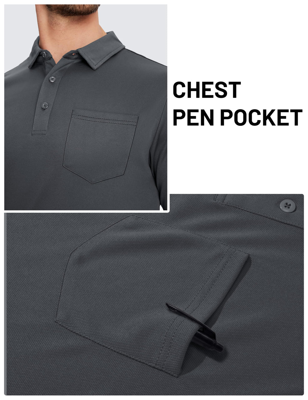 TACVASEN Mens Polo Shirts with Pocket Golf Polos Dry Fit Performance Short Sleeve Collared Shirt Casual Athletic Work Dark Gray L