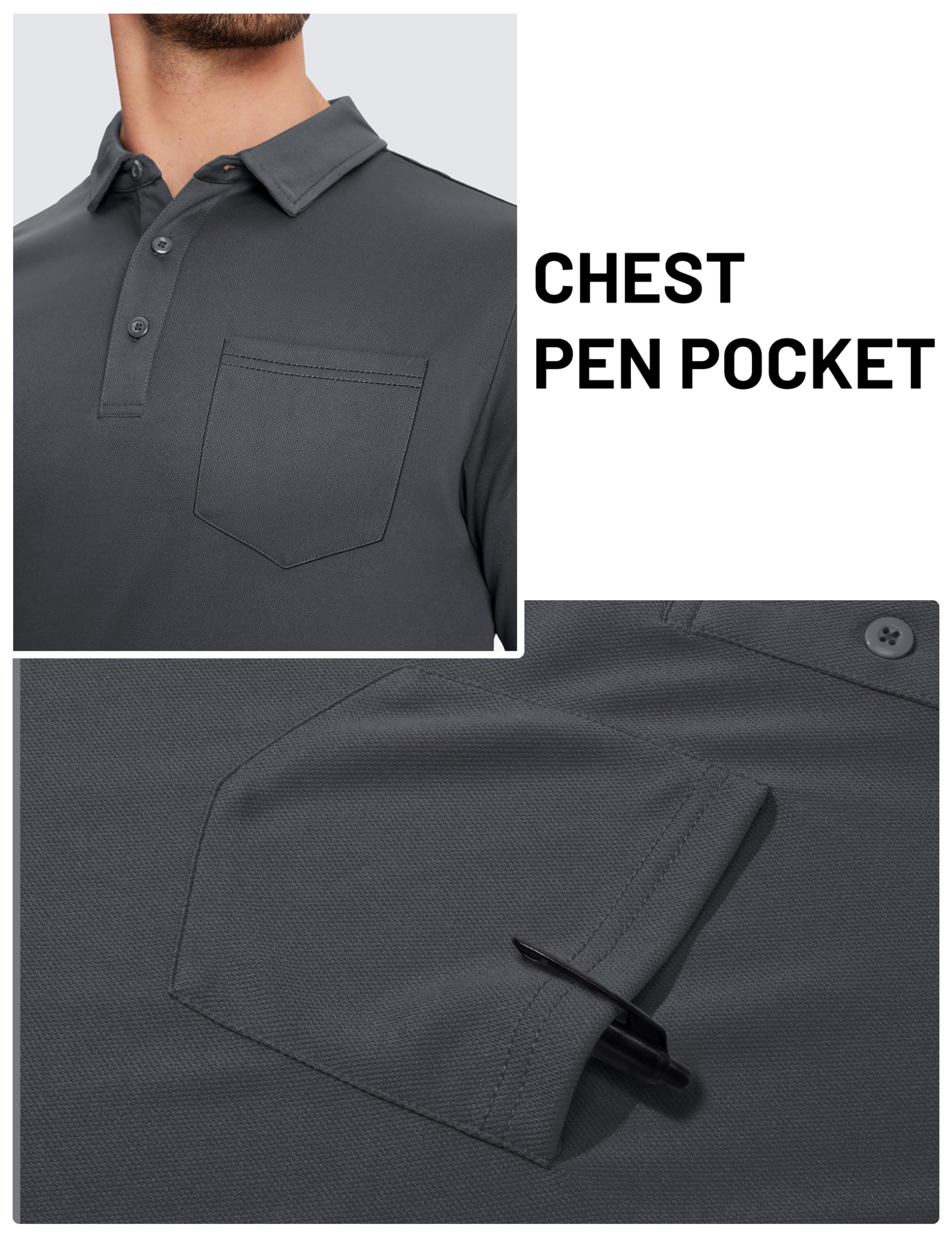 TACVASEN Mens Polo Shirts with Pocket Golf Polos Dry Fit Performance Short Sleeve Collared Shirt Casual Athletic Work Dark Gray L
