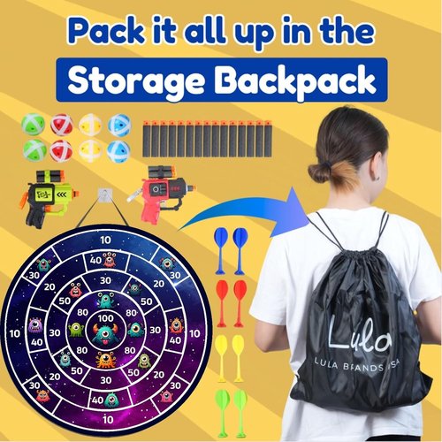 Lula Brands Dart Board - Double-Sided Indoor/Outdoor Game for Kids | Includes Backpack & Sticky Darts, 29”