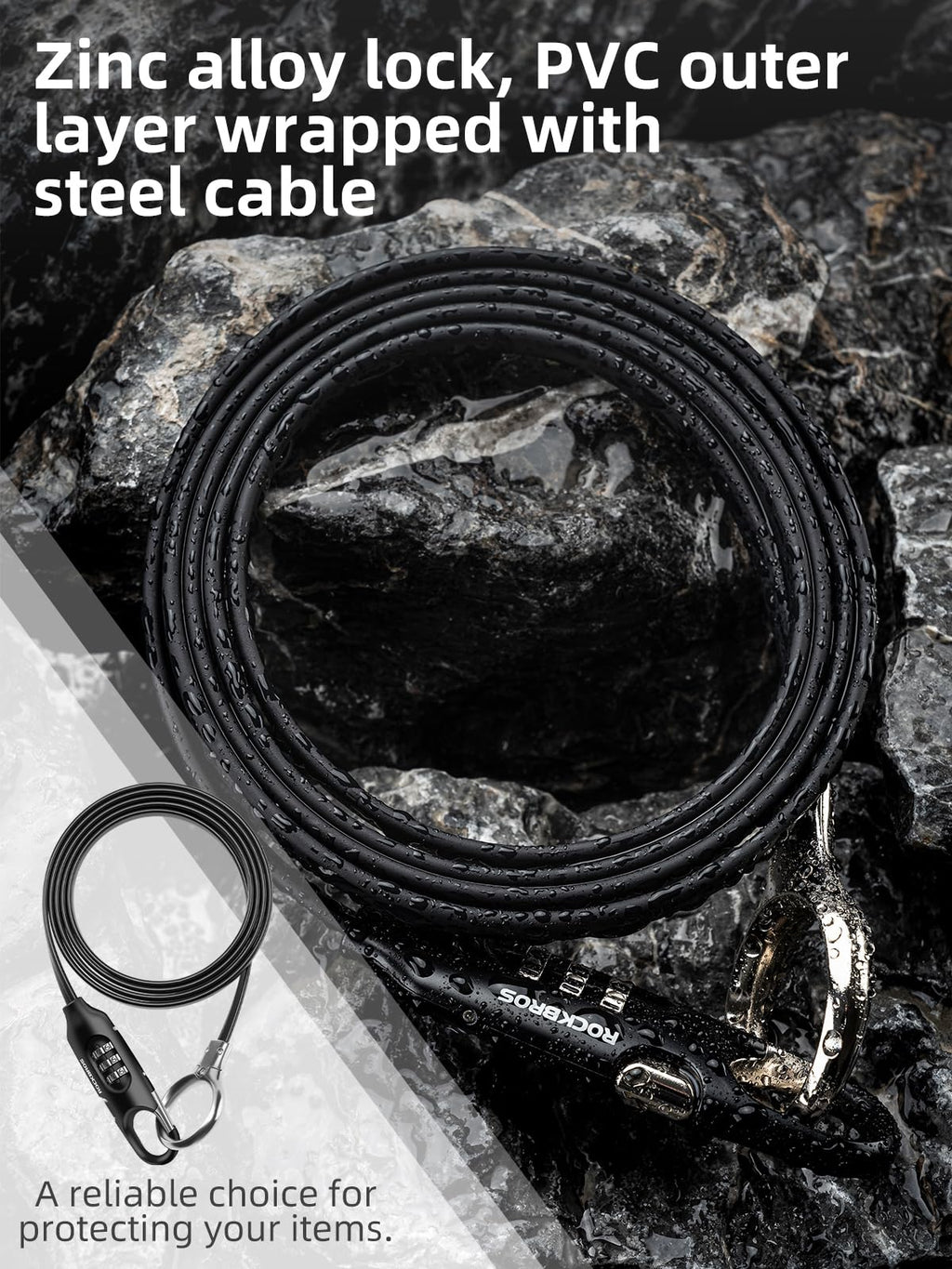 ROCKBROS 5FT Bike Lock Cable with Preset Combination Lightweight Versatile & Weatherproof Security Bike Lock Black
