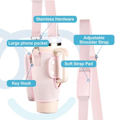 Marchoose Watter Bottle Carrier Bag for Stanley Cup with Phone Pocket, fit for Stanley 40 oz Tumbler & Simple Modern 40oz Water Bottle, Odor-Free Holder Pouch with Adjustable Strap (Rose Quartz)