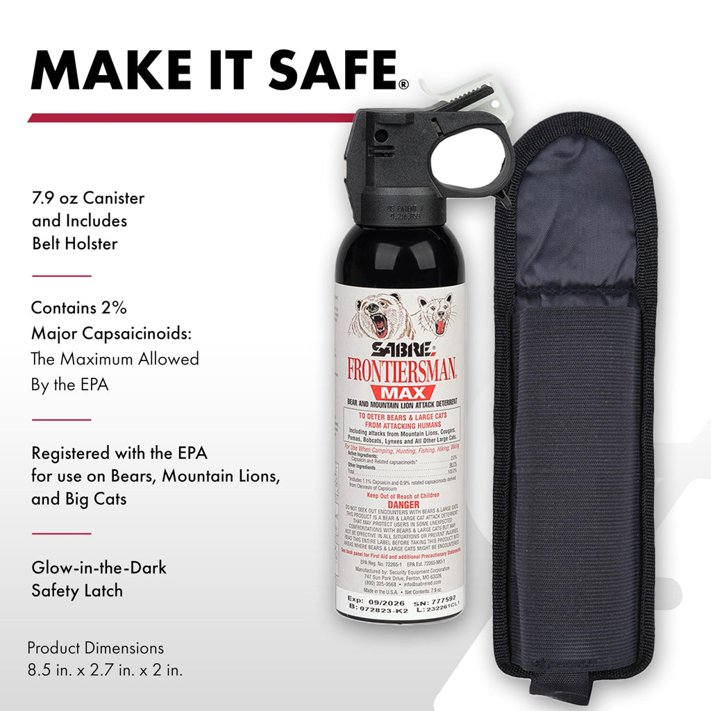 Sabre Frontiersman MAX Bear Spray – 40 ft Range, Maximum Strength, The Only EPA-Registered Spray for Bears & Mountain Lions, 7.9 oz, Glow Safety Clip, Outdoor Hiking & Camping Protection