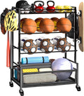 SOYEEZE Sports Equipment Organizer - 4-Tier Ball Storage Rack for Garage & Outdoor Toys | Mobile Cart with Hooks
