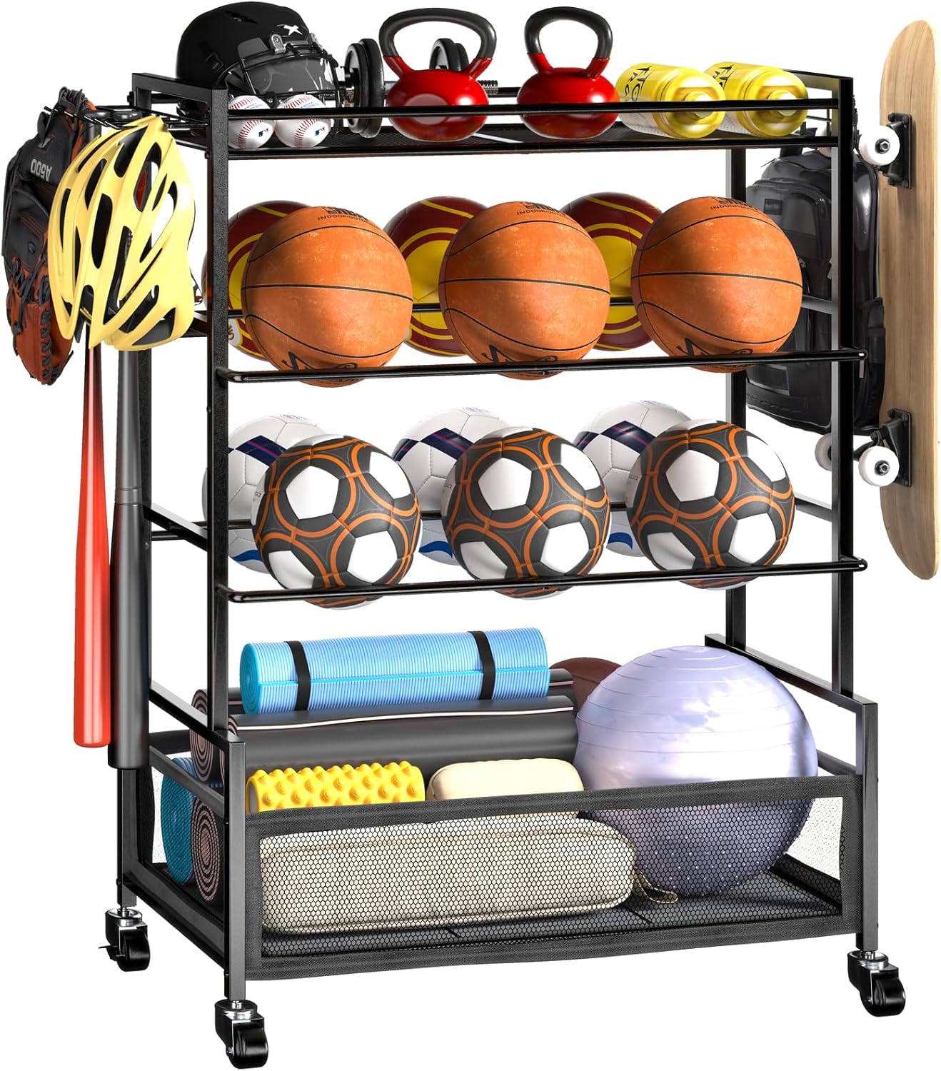 SOYEEZE Sports Equipment Organizer - 4-Tier Ball Storage Rack for Garage & Outdoor Toys | Mobile Cart with Hooks