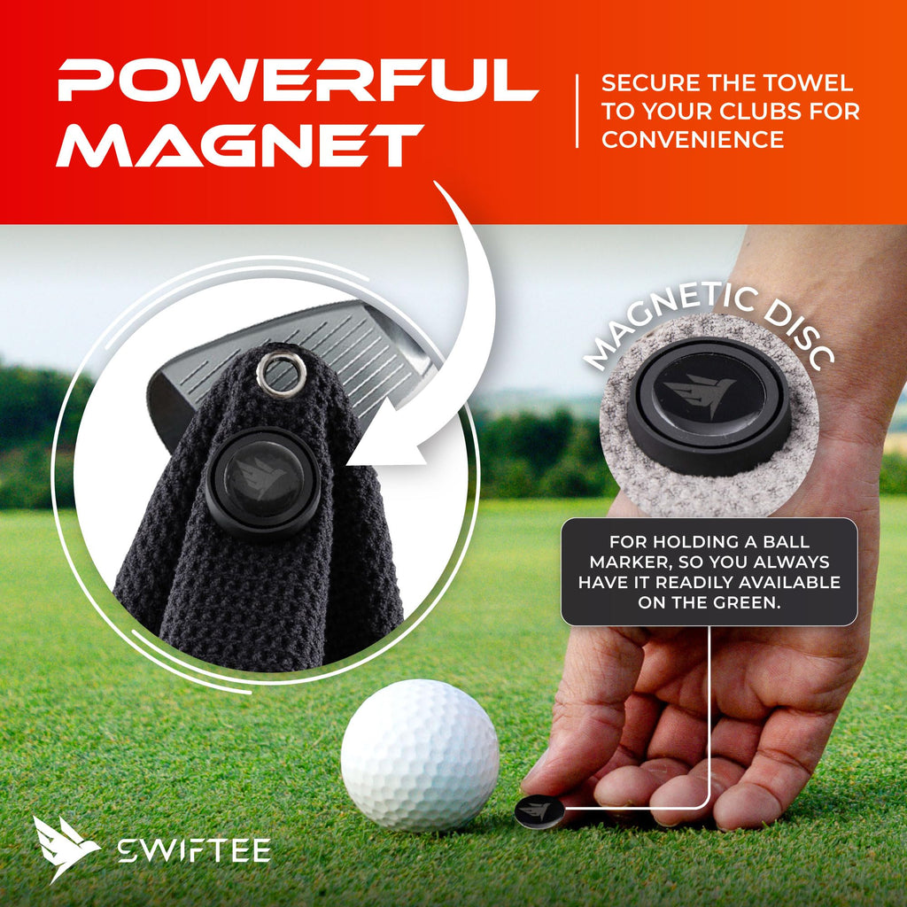 SWIFTEE Ultimate 4-in-1 Premium Golf Towel with Built-in Brush, Magnet, Ball Marker & Carabiner - 760GSM Microfibre Waffle Towel with Inner Wet Dry Liner (Grey)