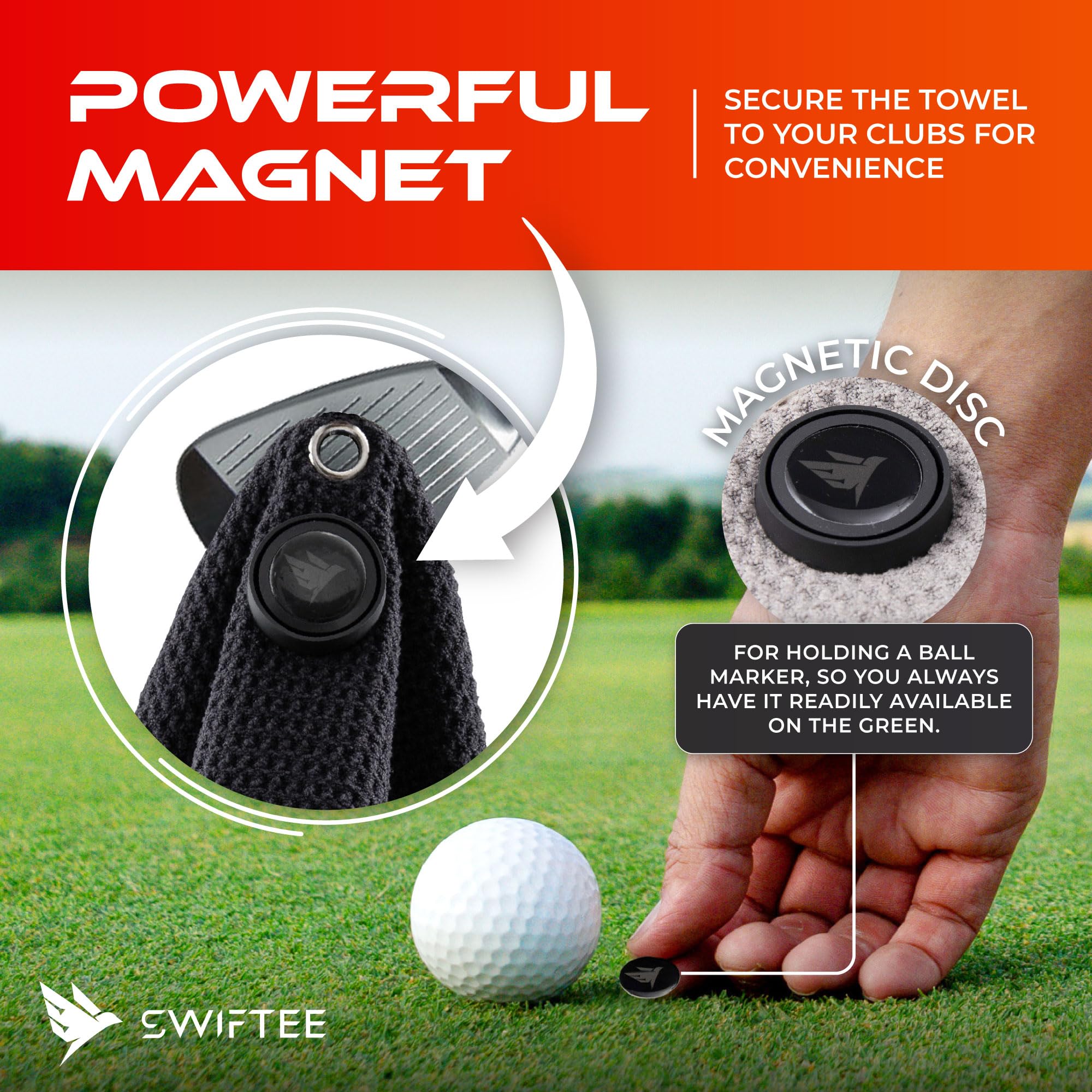SWIFTEE Ultimate 4-in-1 Premium Golf Towel with Built-in Brush, Magnet, Ball Marker & Carabiner - 760GSM Microfibre Waffle Towel with Inner Wet Dry Liner (Grey)